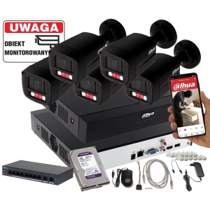 Monitoring Dahua 5 kamer IPC-HFW1439TL1-A-IL-Black Smart Dual Light + Rejestrator + Dysk + Switch PoE