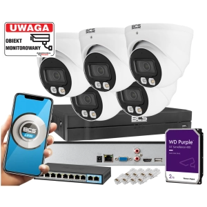 System monitoringu do domu i firmy BCS 5x kamera BCS-L-EIP14FSR3L3 4MPx Dualny oświetlacz LED + IR Skylight,  Aplikacja Mikrofon PoE