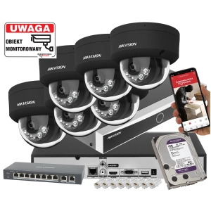 Zestaw monitoringu IP 6x kamera kopułowa DS-2CD2163G2-LIS2U BLACK 6Mpx  Smart Hybrid Light + AcuSense  PoE Mikrofony