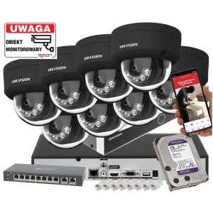 Mocny zestaw monitoringu Hikvision Hybrid Light 8x kamer DS-2CD2163G2-LIS2U BLACK 6Mpx Acusense 2x Mikrofon MicroSD