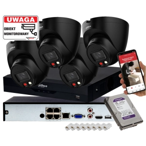 Zestaw monitoringu Domu 4 kamery IP kopułowe Dahua IPC-HDW1439V-A-IL-BLACK 4MPx z Podwójnym Oświetlaczem i Detekcja ludzi
