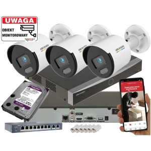 Zestaw Monitoringu IP do Zaciemnonego Domu/Posesji 3 kolorowe kamery Hikvision DS-2CD1047G0-L 4Mpx PoE