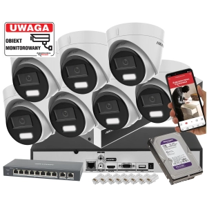 System monitoringu IP 7x kamera kopułowa HIKVISION DS-2CD1383G2-LIUF 8MPx Oświetlacz Dual z rejestratorem DS-7608NXI-K1 Acusense POE 2TB