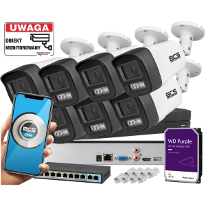 Zestaw monitoringu posesji 7 kamer IP BCS-L-TIP14FSR3L3 4MPx Dualny oświetlacz LED + IR Skylight,  Aplikacja Mikrofon PoE