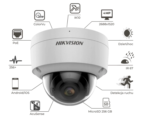 Kamera IP Hikvision DS-2CD2147G2(2.8MM)(C) 4 Mpx ColorVu Acusense Aplikacja PoE MicroSD