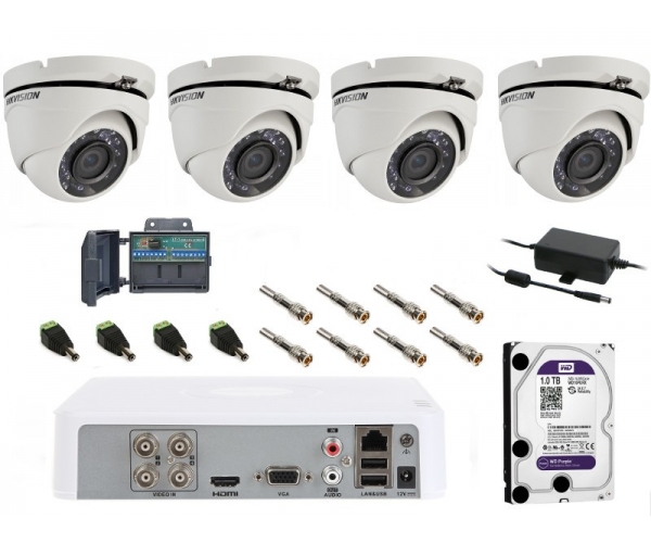Kompletny zestaw monitoringu na 4 kamery HD-TVI z szerokim kątem widzenia FULL HD