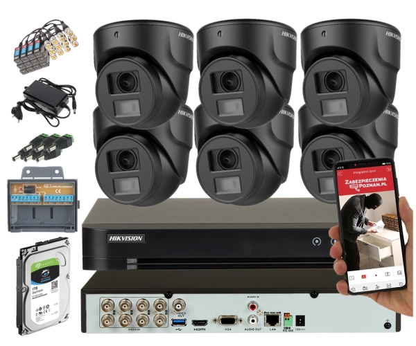 Zestaw monitoringu Hikvision 6 czarnych kamer DS-2CE70D0T-ITMF(2.8MM) 2.8 mm Acusense