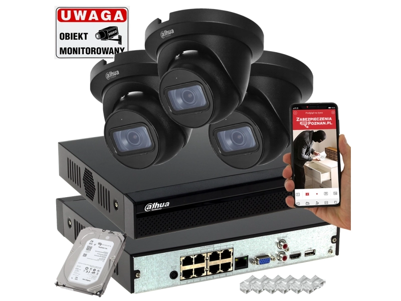 Monitoring domu 3 czarne kamery Dahua IPC-HDW2231TM-AS-0280B-S2-BLACK Starlight Analiza IVS IR30 Mikrofon