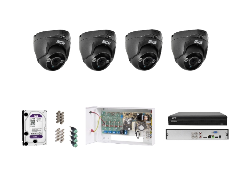 BCS-DMQE4200IR3 analogowy kompletny zestaw  na 4 kamery BCS 2Mpx Rejestrator zasilacz dysk akcesoria. Idealny do monitoringu parkingu biura firmy.