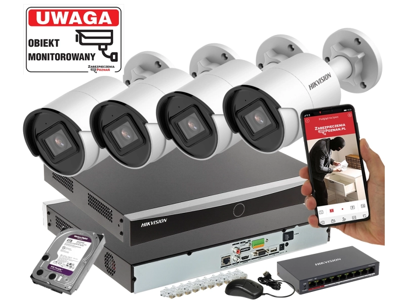 Zestaw 4 kamer IP HIKVISION DS-2CD2083G2-I 8mpx Pełna Analityka Acusense + Switch PoE