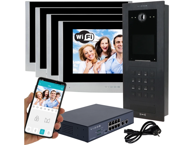 Wideodomofon wielorodzinny Vidos IPX Switch POE 4 Monitory M100-X + S110 Podświetlanie LED, MicroSD