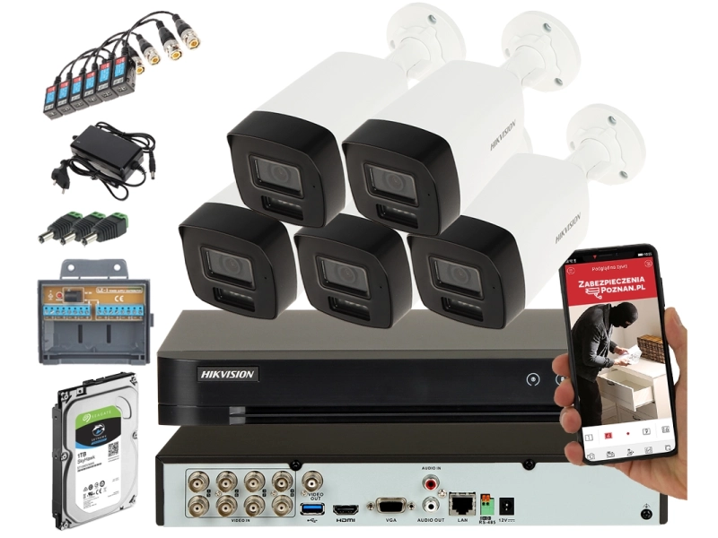 Zestaw monitoringu firmy 5 kamer Hikvision DS-2CE17K0T-LFS 2.8 mm 5 MPx Smart Hybrid Light Acusense
