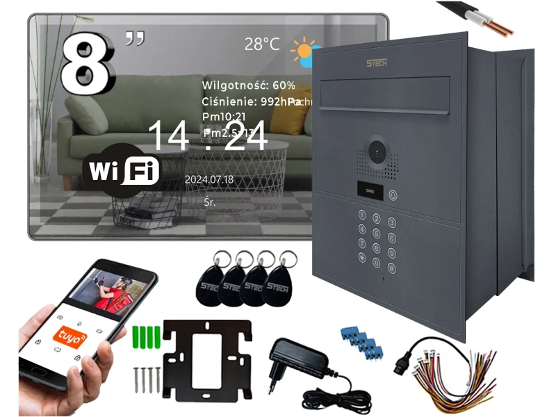 Lustrzany Wideodomofon dwużyłowy ze skrzynką na listy 5tech 82218G Virgo 8"(M) Aplikacja WiFi