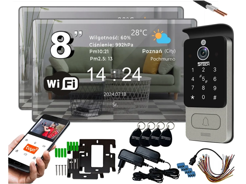 Wideodomofon 2-żyłowy na 2 monitory 8' '5tech Virgo One Plus Podświetlany szyfrator, kąt widzenia 160°, czytnik zbliżeniowy Aplikacja Tyua