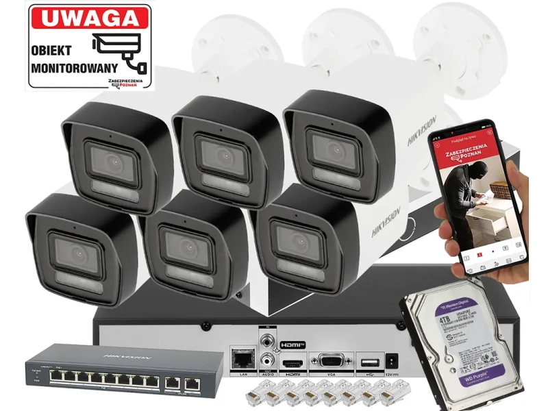 System monitoringu 6 kamer IP Hikvision DS-2CD1043G2-LIU 4Mpx Nowy Model ze światłem hybrydowym i detekcja 2.0 4TB