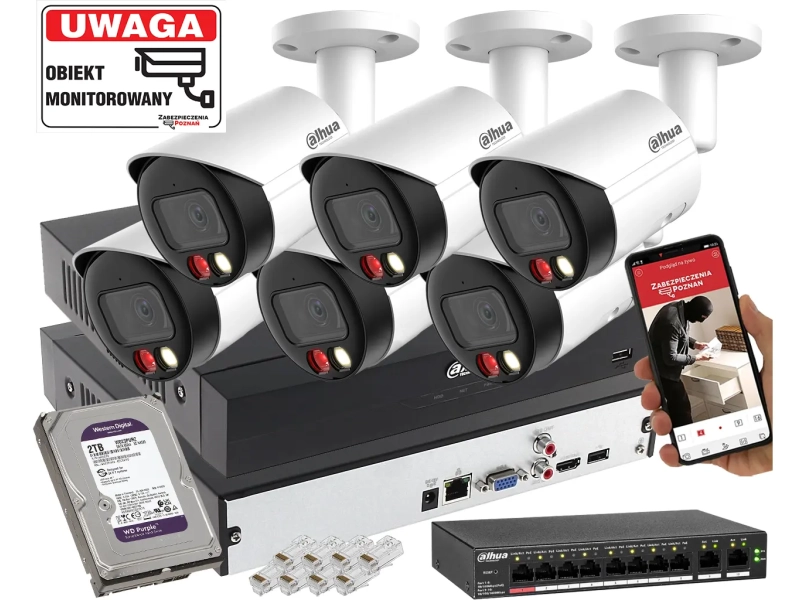 Zestaw monitoringu do firmy IP Dahua 6x IPC-HFW2449S-S-IL-0280B 4MPx, Podwójny oświetlacz, Analityka AI, 2TB