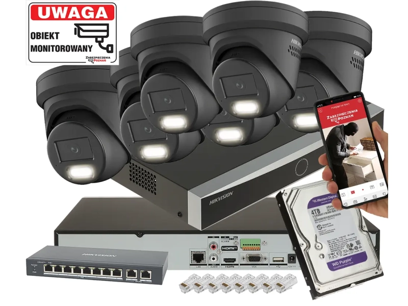 Mocny zestaw 6x Kamera kopułowa DS-2CD2387G3-LIS2UY/SL BLACK 8Mpx AcuSense 3.0, ColorVu 3.0 Smart Hybrid Light 2-Mikrofony 4TB