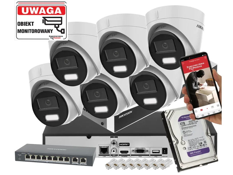 System monitoringu IP 6x kamera kopułowa IP HIKVISION DS-2CD1383G2-LIUF 8MPx Oświetlacz Dualz rejestratorem DS-7608NXI-K1 Acusense POE 4TB