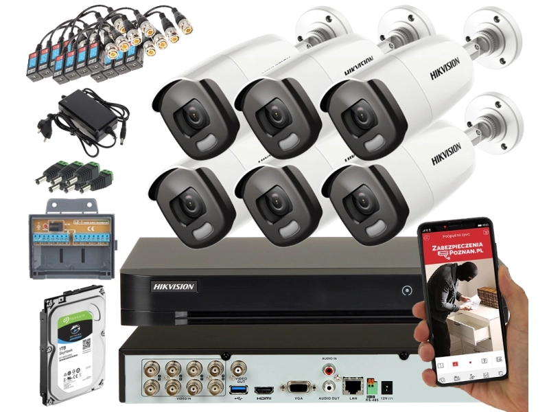 Zestaw monitoringu 6 kamer Hikvision DS-2CE12HFT-F(3.6mm) 5 MPx TurboHD ColorVu