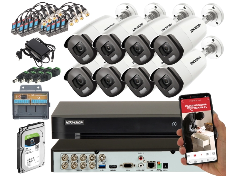 Zestawy do monitoringu hybrydowego Hikvision 8 x kamera DS-2CE12HFT-F(3.6mm) 5 MPx TurboHD Acusense ColorVu