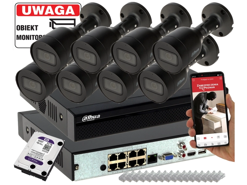Monitoring firmy 8 czarnych kamer IP Dahua IPC-HFW1530S-0280B-S6-BLACK 5Mpx Mikrofon