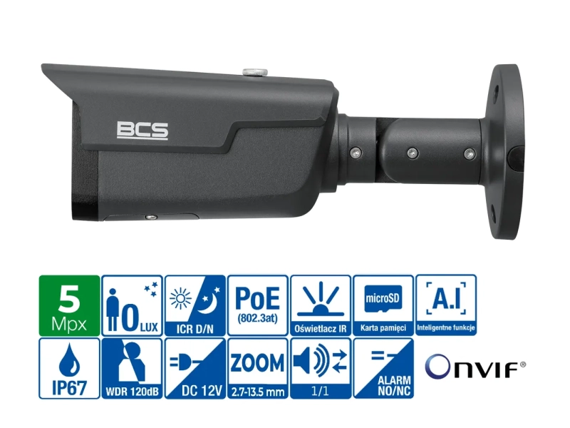 Kamera grafitowa IP BCS-L-TIP45VSR6-Ai1-G(2) 5MPX, AI, Motozoom, Slot microSD