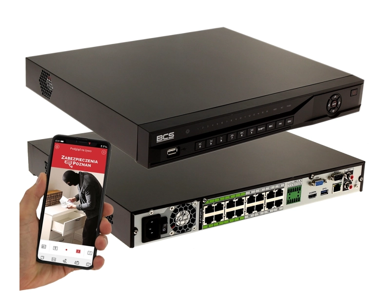 Rejestrator 16 kanałowy BCS-NVR1602-4K-P-AI na 16 kamer IP do 16MPx 2x8TB