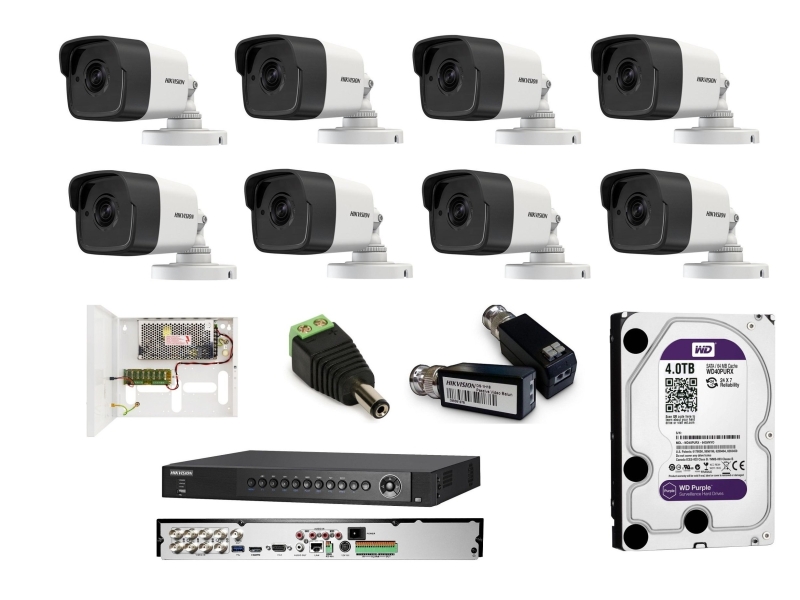 DS-2CE16H1T-IT analogowy kompletny zestaw na 8 kamer tubowych Hikvision 5Mpx. Pomocny w dozorze szeregowców, willi i domków jednorodzinnych.
