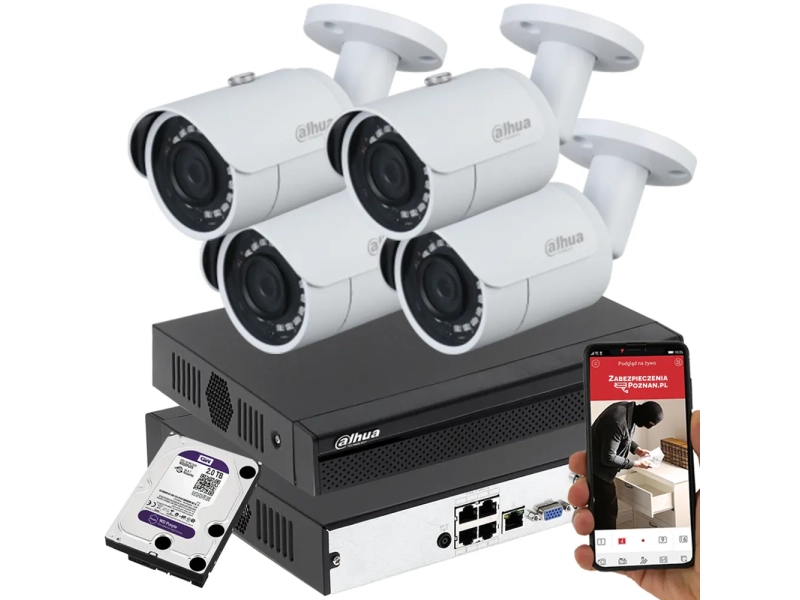Monitoring 4 kamery Dahua IPC-HFW1230S-0280B-S5 2Mpx + Rejestrator PoE