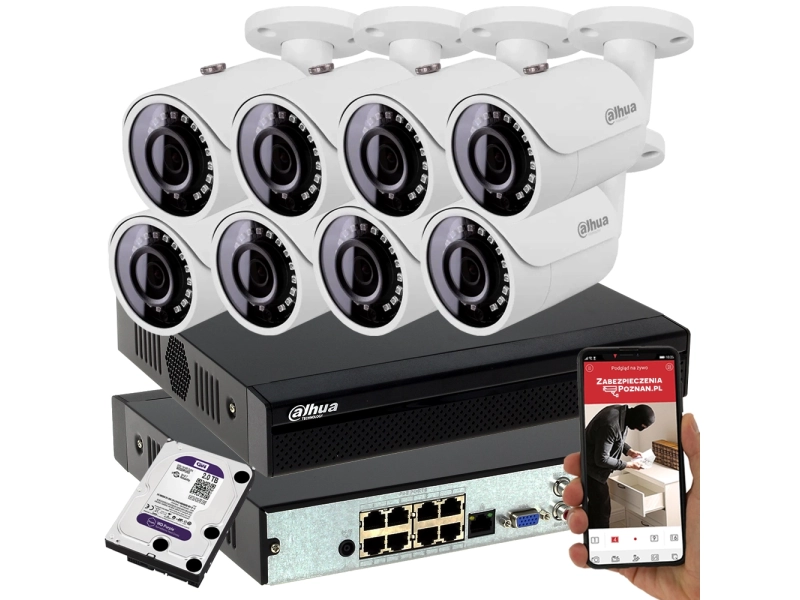 Monitoring firmy 8 kamer Dahua IPC-HFW1230S-0280B-S5 2Mpx + Rejestrator PoE