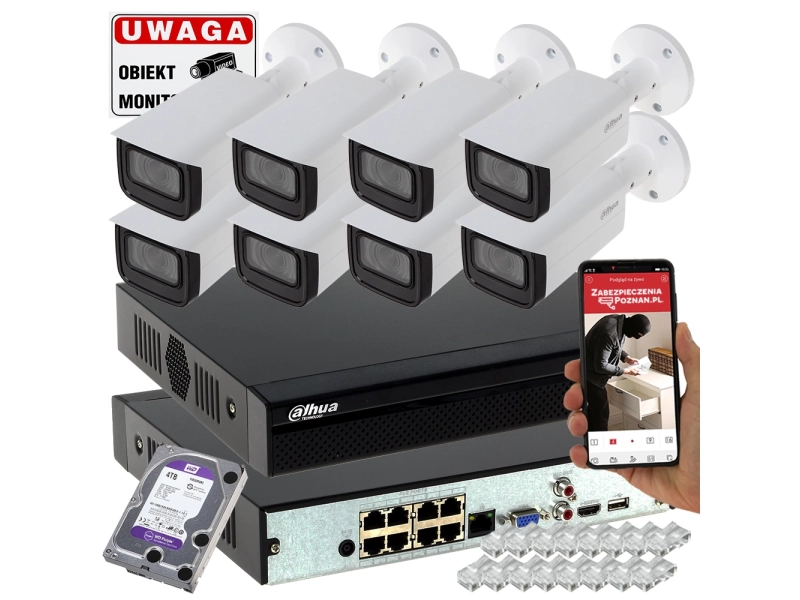 Profesjonalny monitoring 8 kamer IP 8MPx Dahua IPC-HFW3841T-ZAS-27135 ZOOM Starlight Analiza SMD PLUS