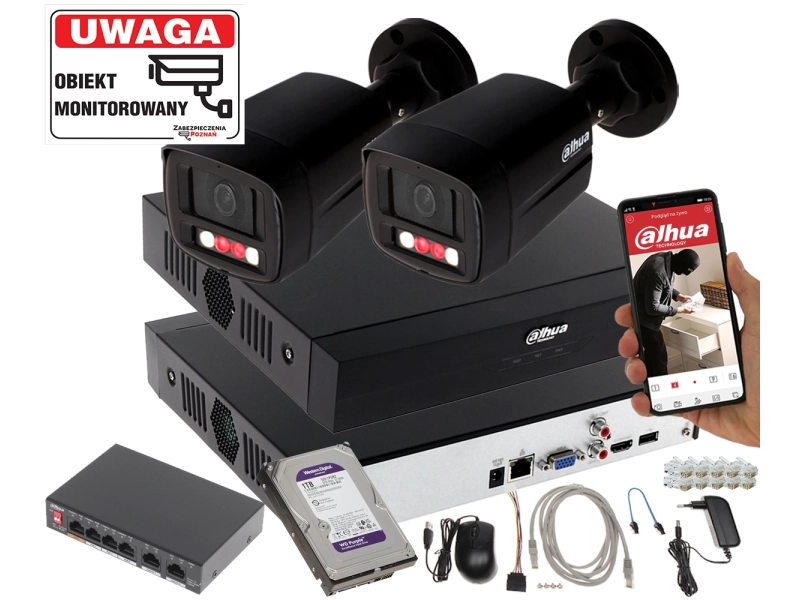 Monitoring 2 kamery Dahua IPC-HFW1439TL1-A-IL-Black Smart Dual Light + Rejestrator + Dysk 1TB + Switch PoE