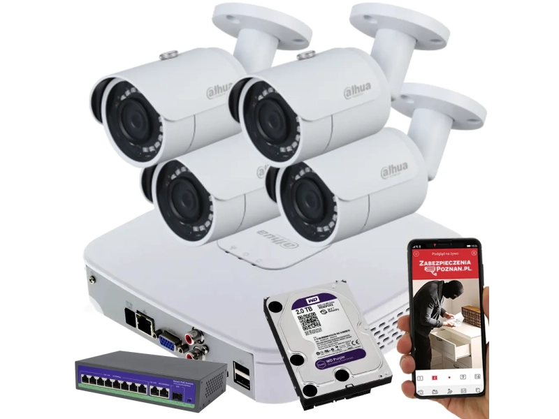 Zestaw monitoringu 4 kamery 4MPx Dahua IPC-HFW1431S-0280B-S4 + Rejestrator + Dysk + Switch PoE