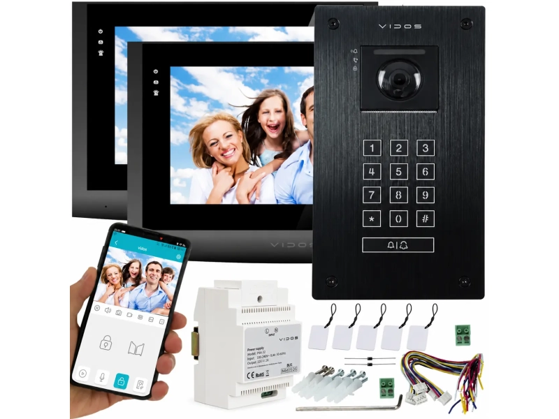 Wideodomofon 2IP 2 żyłowy na 2 monitory WiFi Vidos M200B-X + S204B Android Podczerwień MicroSD