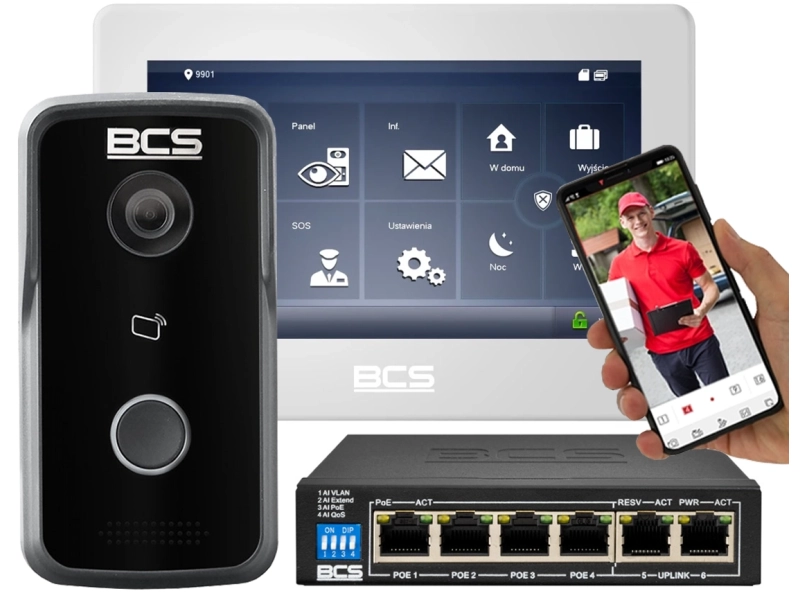 Wideodomofon IP BCS-MON7700W-S/BCS-PAN1300B-S Switch POE Wąski Słupek Aplikacja Sterowanie Furtka