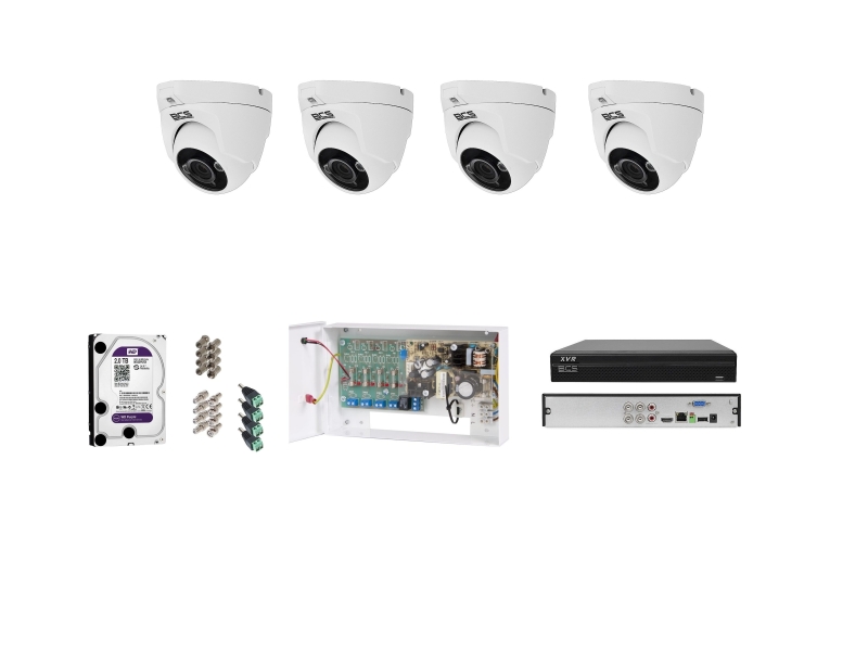 BCS-DMQE1200IR3-B analogowy kompletny zestaw  na 4 kamery BCS 2Mpx Rejestrator zasilacz dysk akcesoria. Idealny do monitoringu biura firmy, gabinetu.