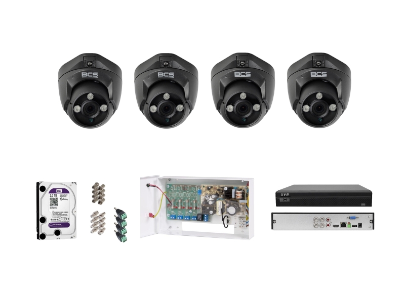BCS-DMQE3200IR3 analogowy kompletny zestaw  na 4 kamery BCS 2Mpx Rejestrator zasilacz dysk akcesoria. Idealny do monitoringu parkingu biura firmy.
