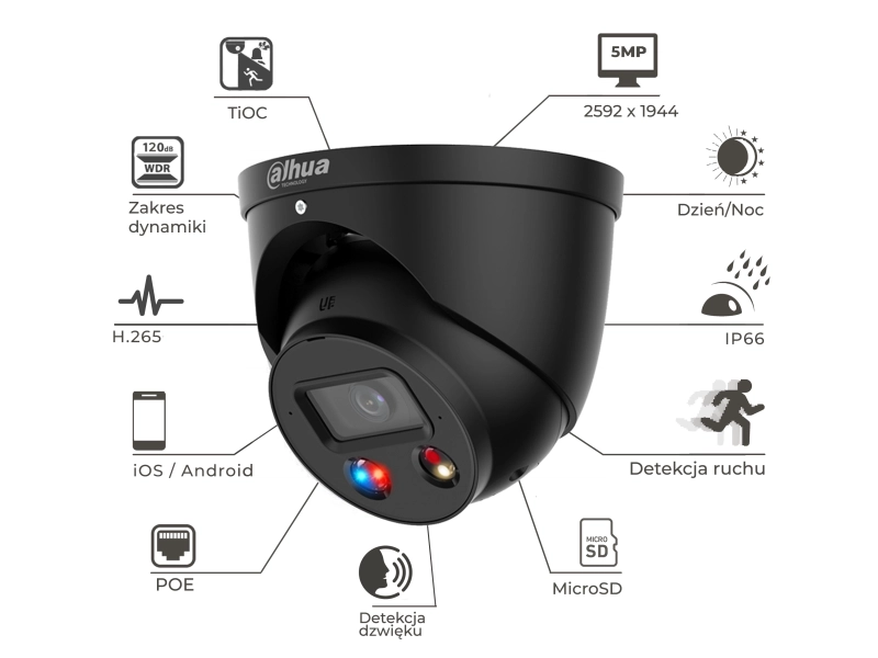 Czarna Kamera IP DAHUA IPC-HDW3549H-AS-PV-0280B-S5-BLACK 5Mpx Wizsense TiOC 3.0 SMD 4.0 AI SSA Mikrofon MicroSD