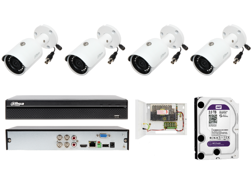 Kompletny monitoring firmy Dahua z 4 kamerami tubowymi o rozdzielczości FULL HD