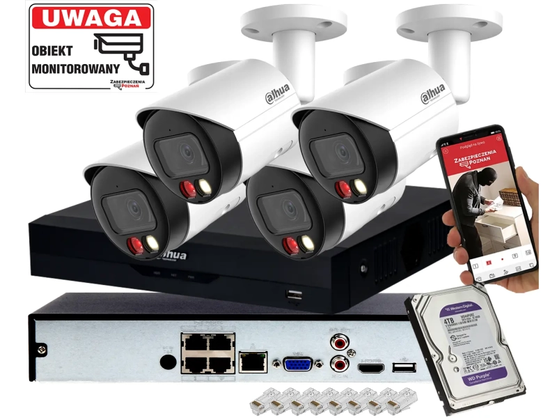 Zestaw monitoringu IP Dahua 4 kamery IPC-HFW2449S-S-IL-0280B 4MPx Podwójny oświetlacz, Analityka, 4TB