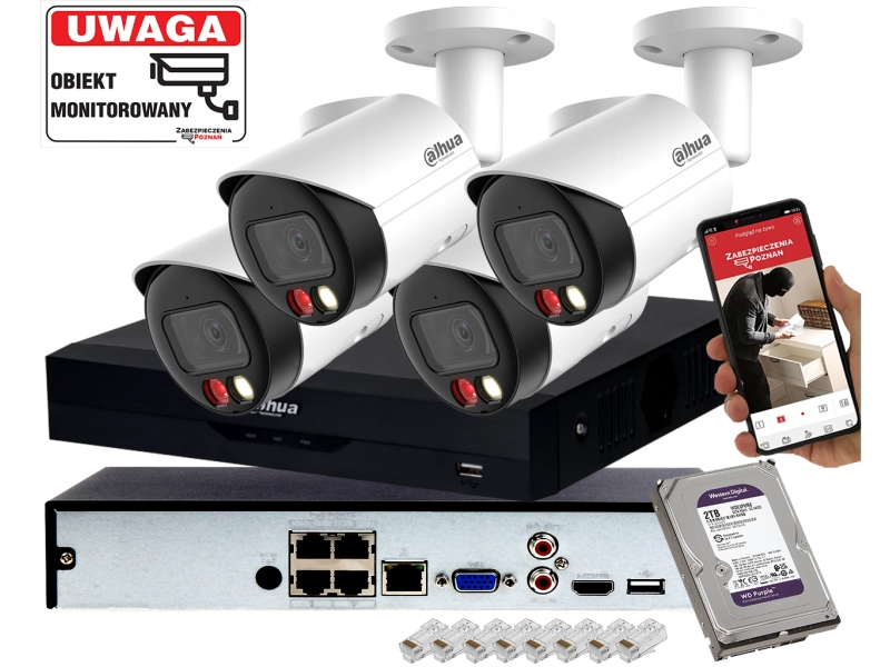 Mocny zestaw monitoringu Domu 4 kamery IP tubowe Dahua IPC-HFW2849S-S-IL-0280B 8MPx z Podwójnym Oświetlaczem i Analityką