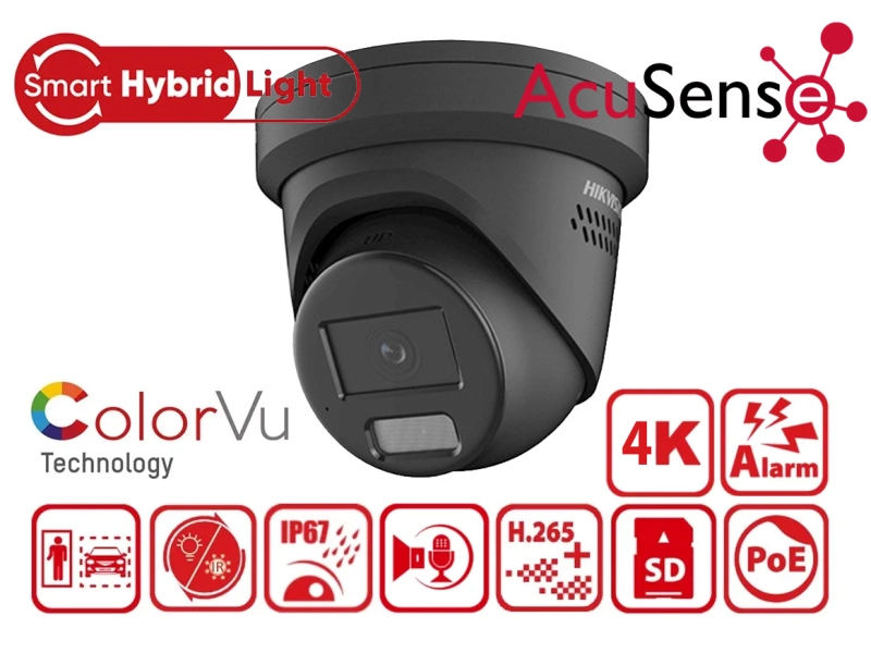 Kamera IP kopułowa 4K Hikvision DS-2CD2387G3-LIS2UY/SL BLACK 8Mpx ColorVu + Acusense + Smart Hybrid Light + Live Guard