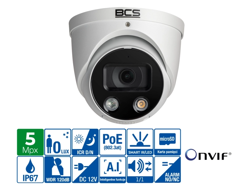 Kamera nocna IP BCS-L-EIP55FCR3L3-Ai1(2) 5MPx NightColor 24h/7 Analityka IR30 MicroSD