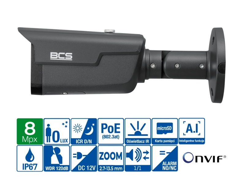 Kamera czarna IP BCS-L-TIP58VSR6-AI1-G ANALITYKA IR60 ZOOM MICROSD