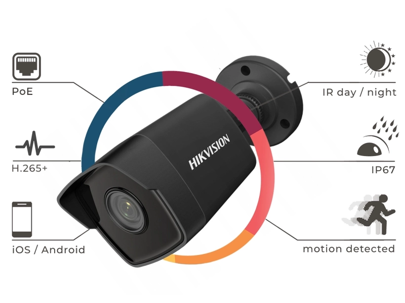 Zestaw do monitoringu 4 czarne kamery IP Hikvision IPCAM-B4 4Mpx