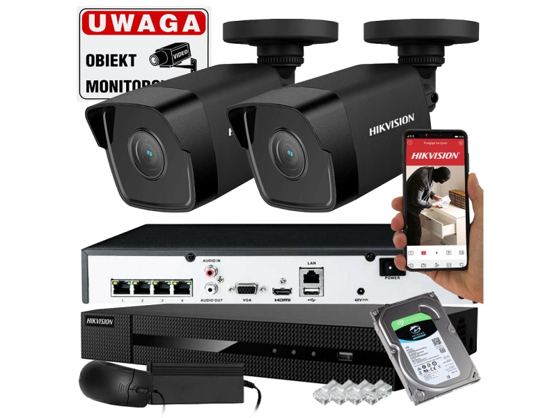 ZESTAW MONITORINGU 2 CZARNE KAMERY IP HIKVISION IPCAM-B4 BLACK 4MPX POE ...