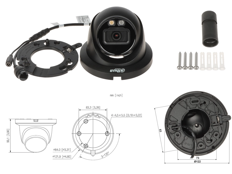 Mocny zestaw monitoringu IP Domu 4 kopułowe kamery na ścianę/podbitkę Dahua IPC-HDW2849TM-S-IL-0280B-BLACK 8MPx Wykrywanie dźwięku, Podwójny oświetlac