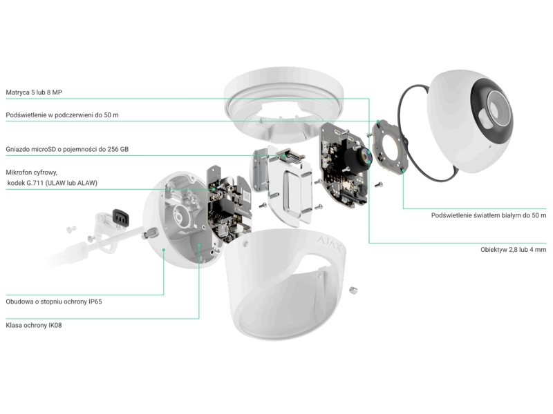 Kamera IP kopułowa Ajax TurretCam HL 8Mpx BLACK 2.8mm Hybrydowe oświetlenie LED + IR, Detekcja Ruchu + Mikrofon