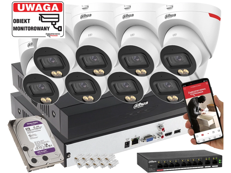 Top zestaw profesjonalnego monitoringu IP 8 kamer Dahua IPC-HDW2649T-S-LED-0280B-PRO 6MPx WizSense WizColor SMD PLUS Mikrofon