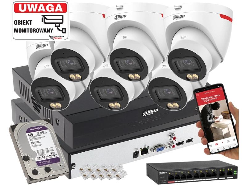 System monitoringu IP Dahua 6x kamera IPC-HDW2649T-S-LED-0280B-PRO 6MPx WizSense WizColor SMD PLUS Mikrofon